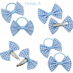 2x Baby blue gingham school bows, bobbles and hair clips FREE postage Design A