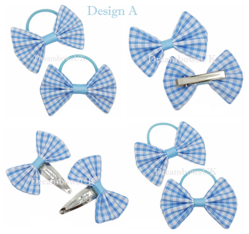 2x Baby blue gingham school bows, bobbles and hair clips FREE postage Design A
