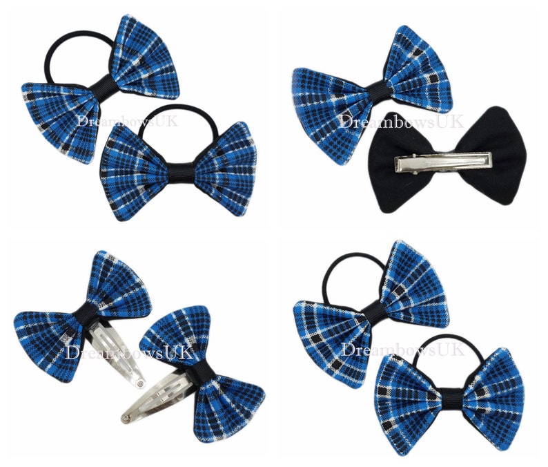 Thick or thin bobbles Black and blue tartan fabric hair accessories Tartan bows Alligator or snap clips