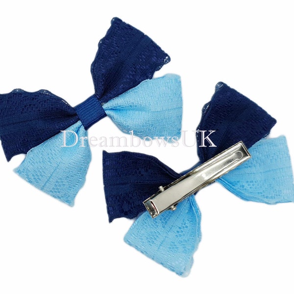 Elegant Navy Blue and Baby Blue Lace Hair Bows on Alligator Clips!