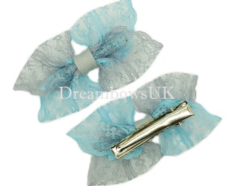 Complete Her School Look with Silver and Baby Blue Lace Hair Bows on Alligator Clips!