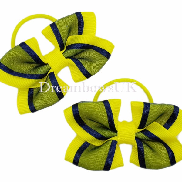 Stylish Yellow and Navy Blue School Hair Bows on Thin Hair Bobbles