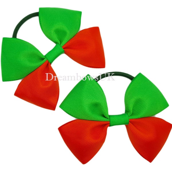 Vibrant Emerald Green and Red Grosgrain Ribbon Hair Bows on Thick Bobbles!