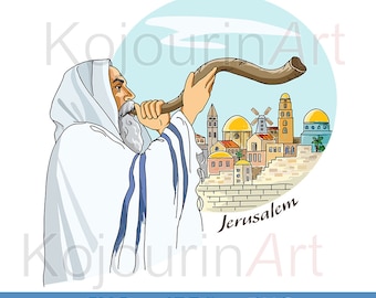 Jew  blowing  shofar of Rosh Hashanah - Jewish New Year, Jerusalem, Rosh Hashanah, Digital Card, Shana Tova