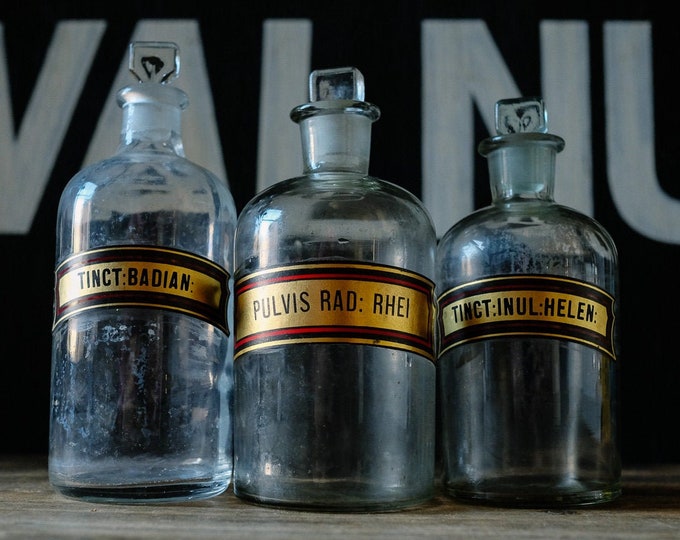 Collection of Three Glass APOTHECARY CHEMIST BOTTLES Jars Labelled Cabinet of Curiosities