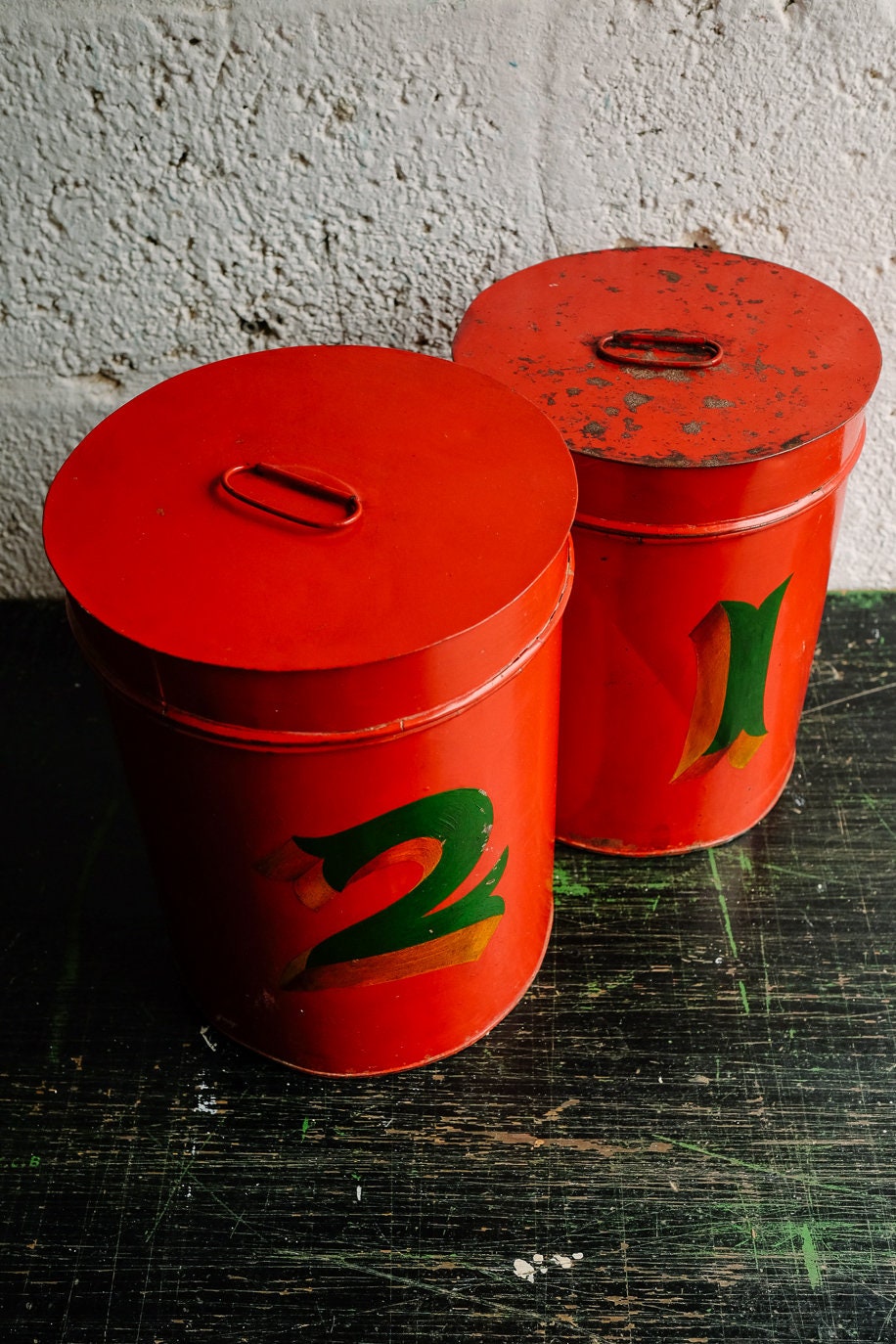 Pair of Decorative Vintage METAL STORAGE Metal Tins Canisters