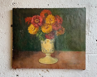 Vintage FRENCH Oil Painting BOTANICAL FLOWERS in Vase Still Life Decorative