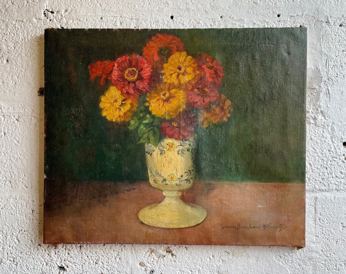 Vintage FRENCH Oil Painting BOTANICAL FLOWERS in Vase Still Life Decorative