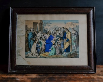 Pair of Antique Victorian RELIGIOUS PRINTS Hand Painted Framed ILLUSTRATIONS Victoriana Jesus Enters Jerusalem Blesses the Children