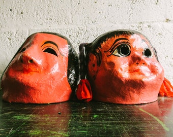 Pair of VINTAGE Papier Maché THEATRE Adult Full Head MASKS Pink Grotesque