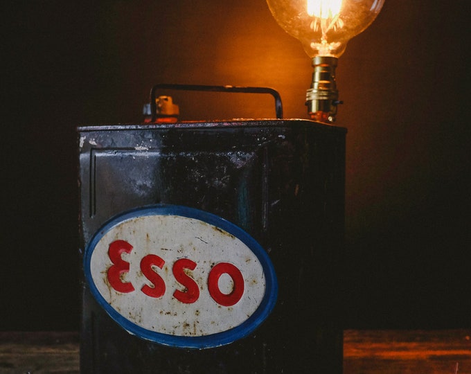 Vintage Retro INDUSTRIAL Upcycled Converted LAMP Light Rough Luxe ESSO Petrol Can