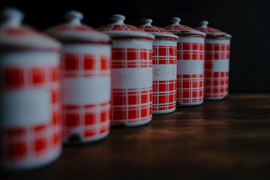 Set Of Six French Vintage Enamel Kitchen Canisters Metal Tins Red