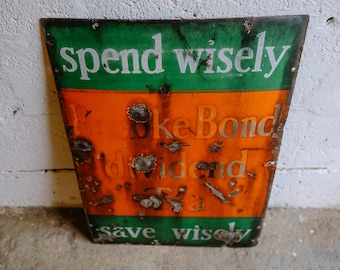 Rare VINTAGE Retro LARGE Old ENAMEL Brooke Bond Green Orange Advertising Sign 1920s 1930s