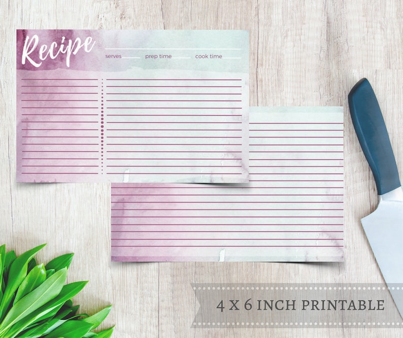 Double Sided Recipe Card 4x6 Printable Purple and Blue | Etsy