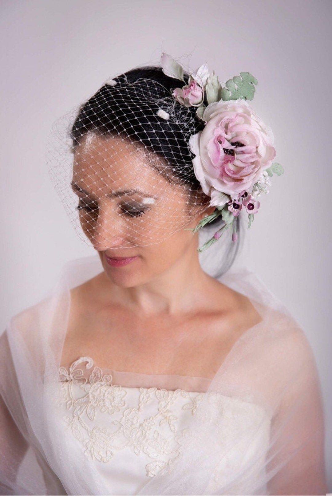 Flower Bridal Fascinator, Silk Flower Crown, Flower Birdcage, Wedding