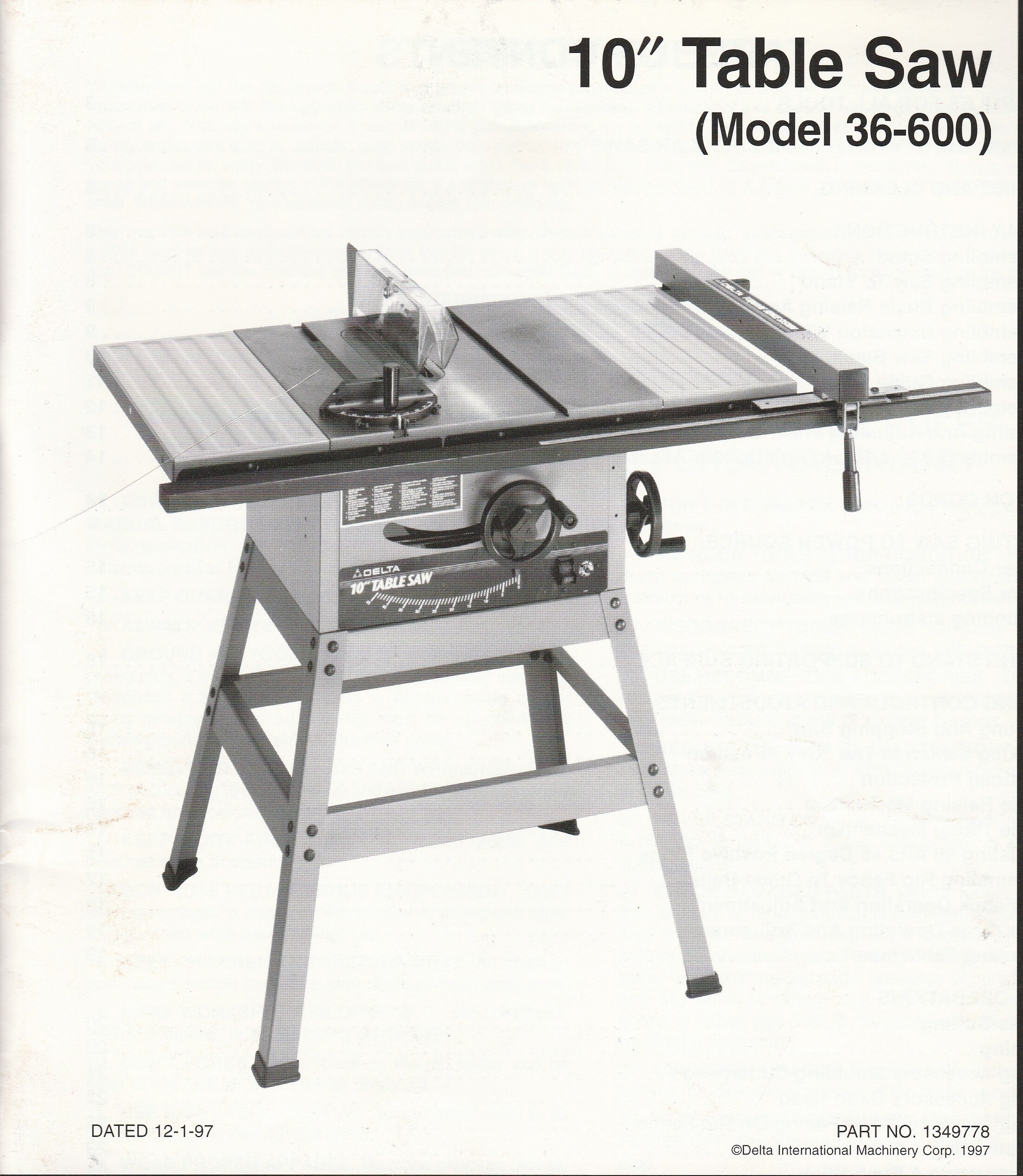 User Manual for Delta Model 36600 Table Saw English and Etsy