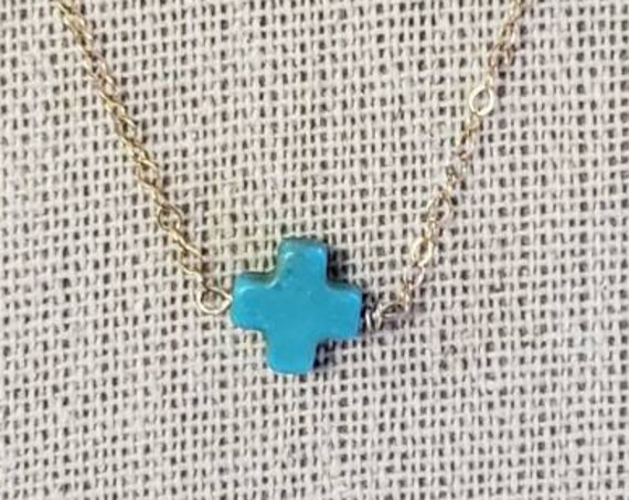 Handmade delicate 14kt gold filled 16 inch chain with turquoise 8mm howlite cross