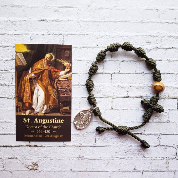 Saint Augustine Twine Knotted Rosary Bracelet - with medal & prayer card