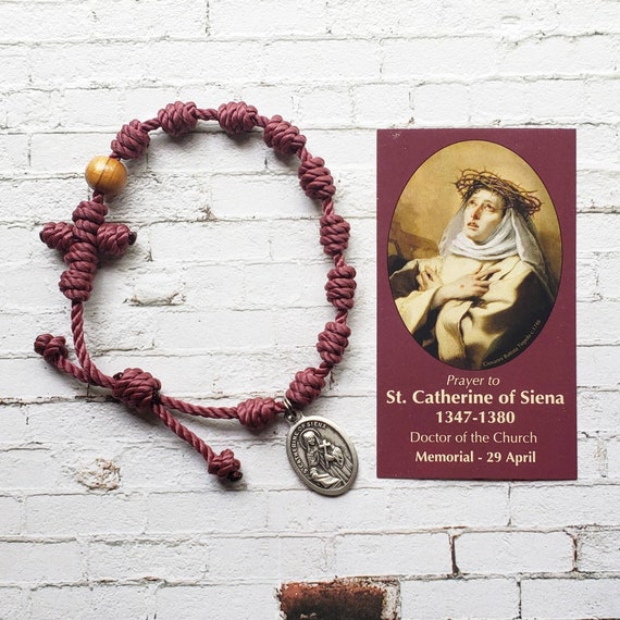 St. Catherine of Siena Twine Knotted Rosary Bracelet - with medal & prayer card
