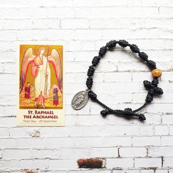Saint Raphael Twine Knotted Rosary Bracelet - with medal & prayer card