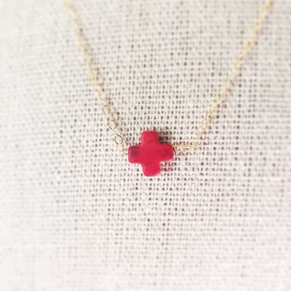 Handmade delicate 14kt gold filled 16 inch chain with red 8mm howlite cross