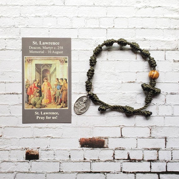 Saint Lawrence Twine Knotted Rosary Bracelet - with medal & prayer card