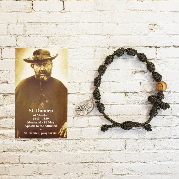 Saint Damien of Molokai Twine Knotted Rosary Bracelet - with medal & prayer card