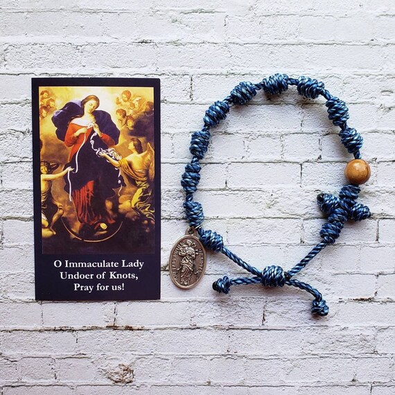 Our Lady Undoer of Knots Twine Knotted Rosary Bracelet - with medal & prayer card
