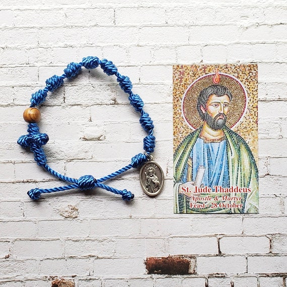 St. Jude Thaddeus Twine Knotted Rosary Bracelet - with medal & prayer card