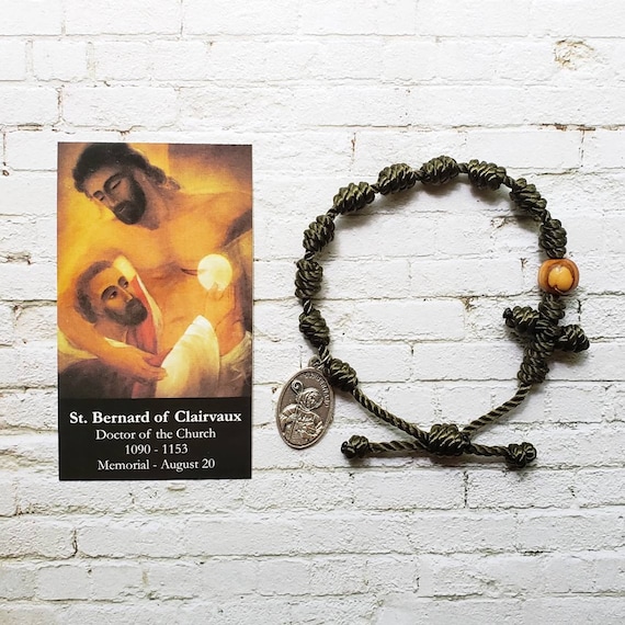 Saint Bernard of Clairvaux Twine Knotted Rosary Bracelet - with medal & prayer card