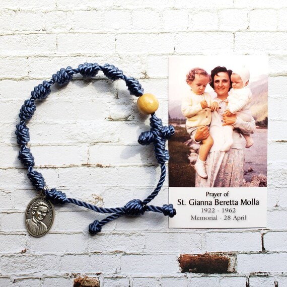 Saint Gianna Twine Knotted Rosary Bracelet - with medal & prayer card