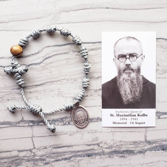 Saint Maximilian Kolbe Twine Knotted Rosary Bracelet - with medal & prayer card