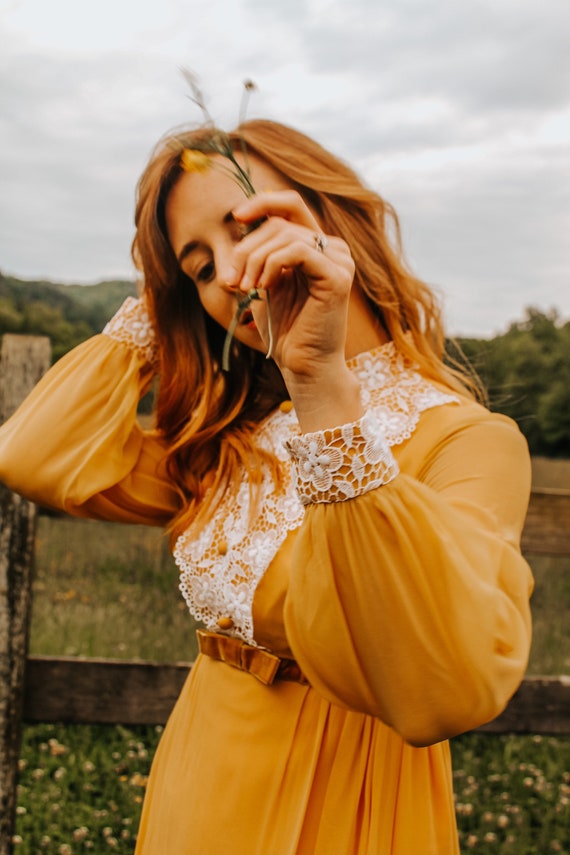 1960’s Mustard Yellow & Lace Maxi Dress - image 2