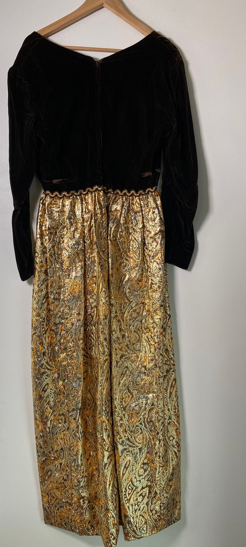 1970s Brown Velvet & Gold Lamé Maxi Dress zdjęcie 7