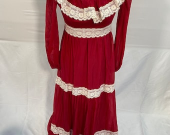 1970’s Red & White Lace Tiered Maxi
