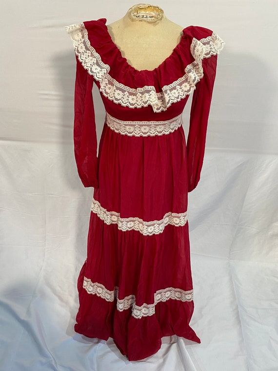 1970’s Red & White Lace Tiered Maxi