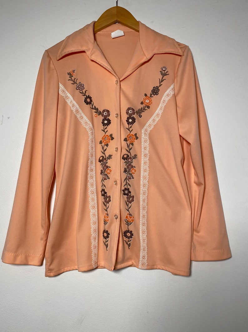 1970s Peach Floral & Lace Blouse image 1