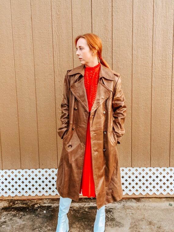 1970’s Caramel Brown Leather Trench Coat