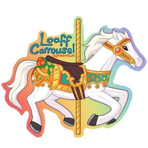 May include: A white carousel horse illustration with a gold and orange saddle and bridle. The text "Looff Carrousel Spokane, WA" is above the horse. The background has a rainbow gradient.