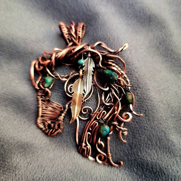 Copper silver mustang horse necklace,horse pendant,equestrian gifts for trainers,horse gifts women, Indian pony, turquoise unique, western
