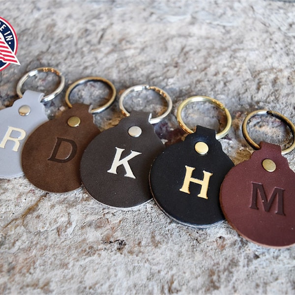 Custom Leather Circle Key Fob. Monogrammed Personalized Full Grain Leather Key Chain. Made In USA. Silver/Gold Foil Options. Leather Charm.