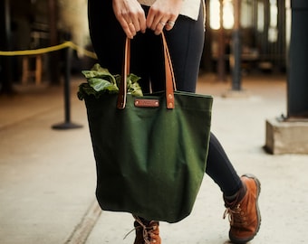 Personalized Canvas Market Tote | Monogrammed Canvas Tote Bag | Cotton Canvas & Full Grain Leather | Reusable Canvas Shopper | Made in USA