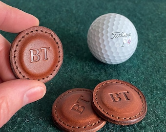 Personalized Leather Golf Ball Marker SET OF 2! Made with 100% Full Grain Vegetable Tanned Leather. 1.5&quot; Wide. Made in the USA. Monogrammed.
