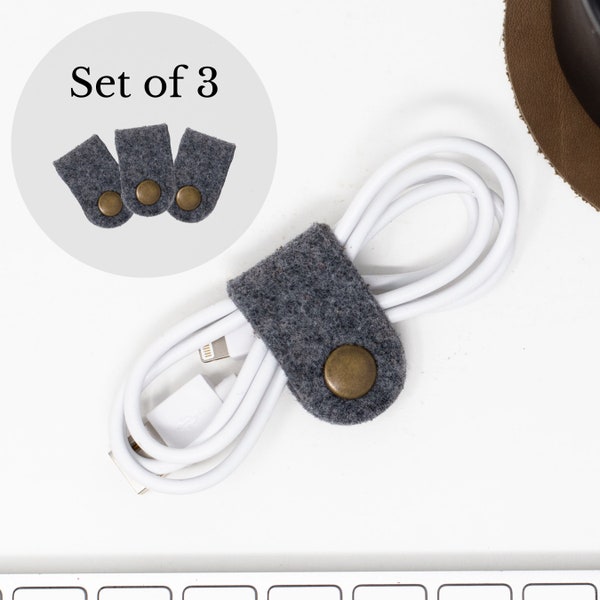 Set of 3 Premium Felt Cord Keeper. 1/8" Premium Felt. Felt Cord Wrap. Headphone Cord Organizer. Office Accessories. Charcoal Felt Tech Keep