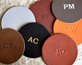 Custom Leather Circle Coasters - Set of 4. Monogram Coaster Set. Personalized Coasters. Multiple Colors, Gold Silver Options Available.