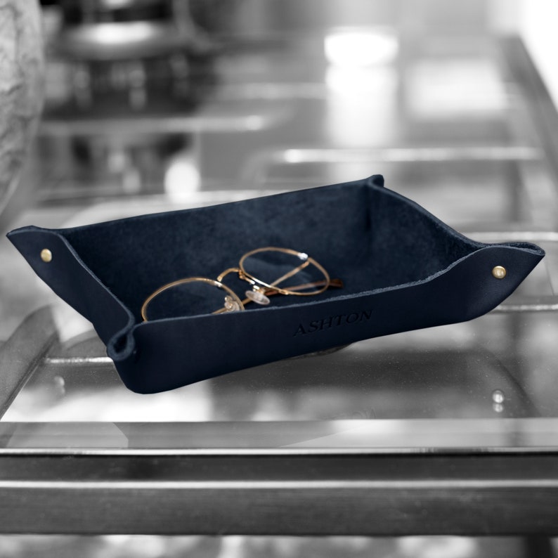 Custom Leather Valet Rivet Tray. Personalized Leather Catchall. Personalized Gift For Men. Gift For Dad. Mens Valet Tray. Coin Tray. Navy