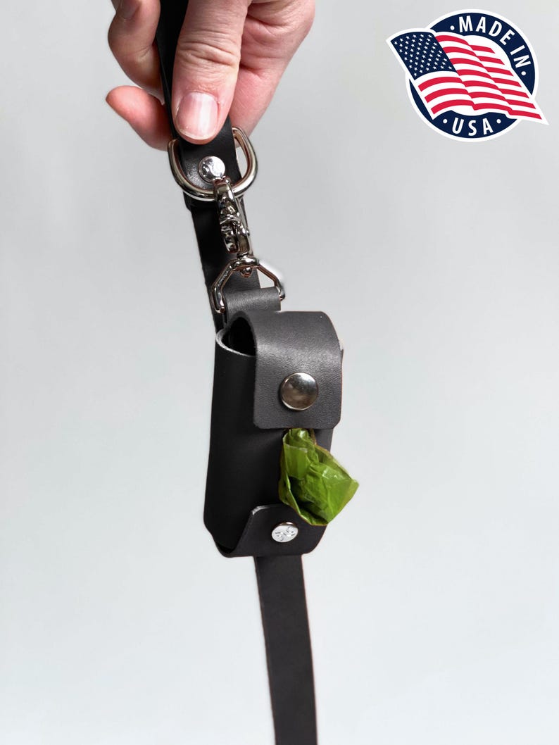 May include: A black leather waste bag dispenser attached to a matching black leather leash with a silver metal swivel snap hook and D-ring. The dispenser features a silver snap button closure and contains a single green plastic waste bag.
