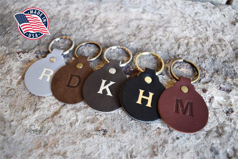 Custom Leather Circle Key Fob. Monogrammed Personalized Full Grain Leather Key Chain. Made In USA. Silver/Gold Foil Options. Leather Charm. 