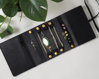 Northwind Personalized Leather Jewelry Organizer Roll, Handmade in USA Full Grain Leather Travel Jewelry Case with Monogram, Zipper Pocket