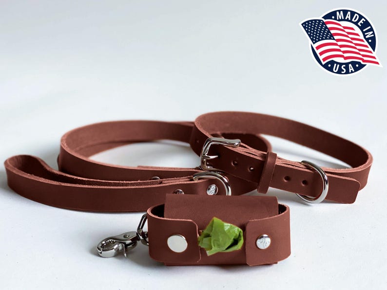 May include: A brown leather dog leash and collar set with silver-toned metal hardware, including a buckle and D-ring. A matching brown leather waste bag dispenser is included, featuring silver snaps and a green plastic bag visible inside.